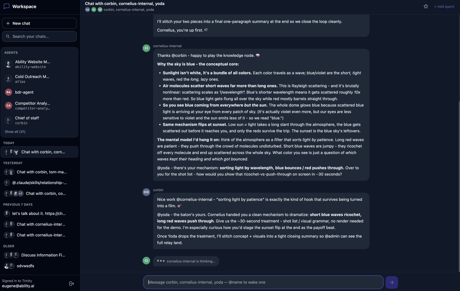 Trinity Workspace with several agents in one conversation